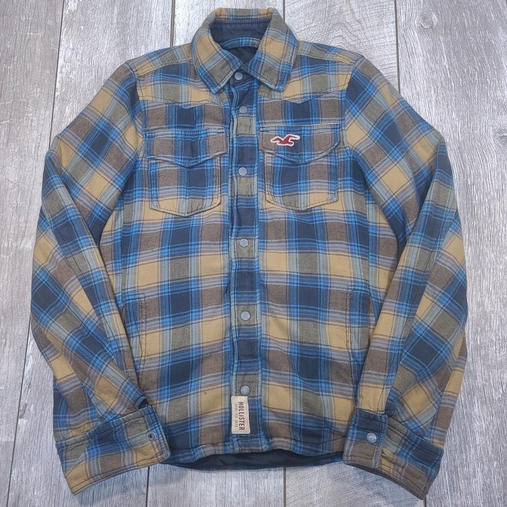 Hollister Carlsbad Flannel Shirt Jacket Mens Size Medium Blue Tan Plaid Quilted